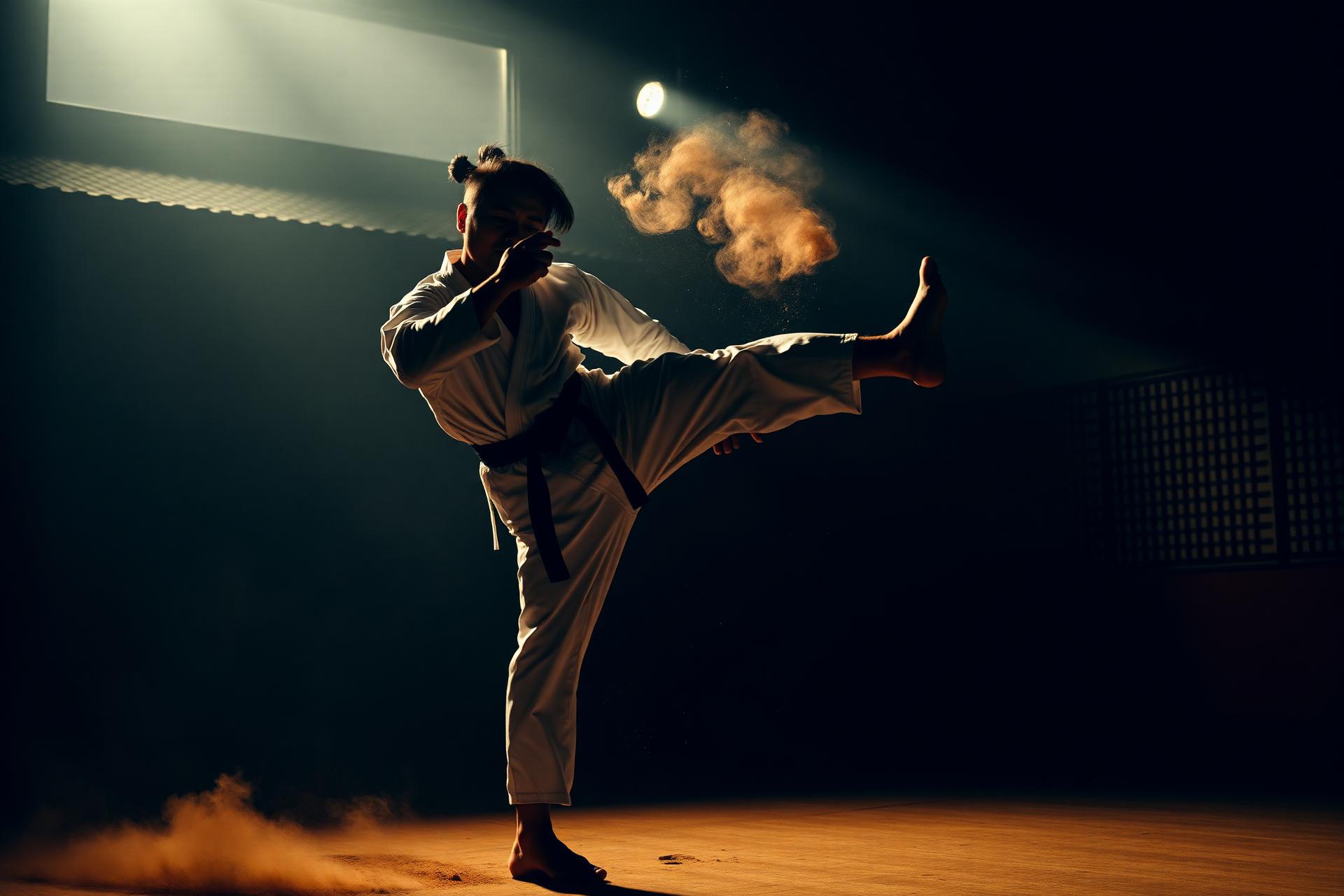 Korean Karate practitioner performing a high kick in a traditional dojo